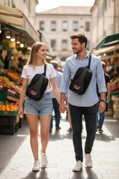 Junges Paar mit Umhängetaschen, das Händchen haltend auf einem Markt spaziert.