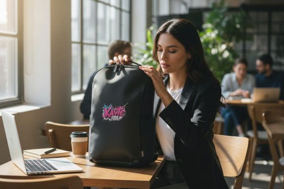 Frau mit schwarzem Rucksack in einem Café, Laptop und andere Gäste im Hintergrund.